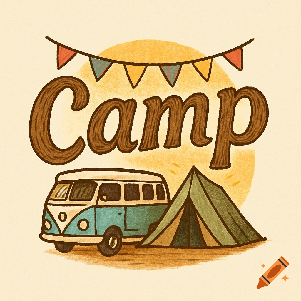 Stylized illustration of 'Camp' text, a banner, a vintage van, and a tent with a textured finish.