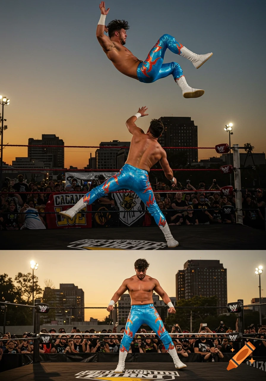 A muscular male wrestler in blue flame-patterned tights and white boots performing high-flying moves in a ring, with a crowd and city skyline in the background at sunset.