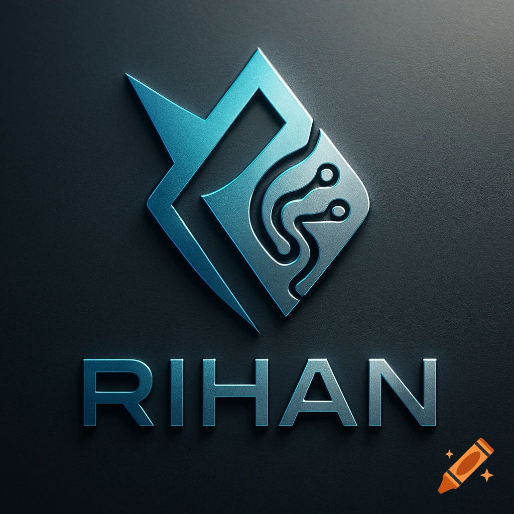 A 3D metallic blue and silver tech logo with circuit board elements, featuring the word "RIHAN" below it, all on a dark textured background.