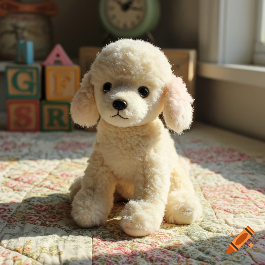 A cream-colored poodle plush toy sits on a floral patterned quilt, with wooden letter blocks in the blurry background.
