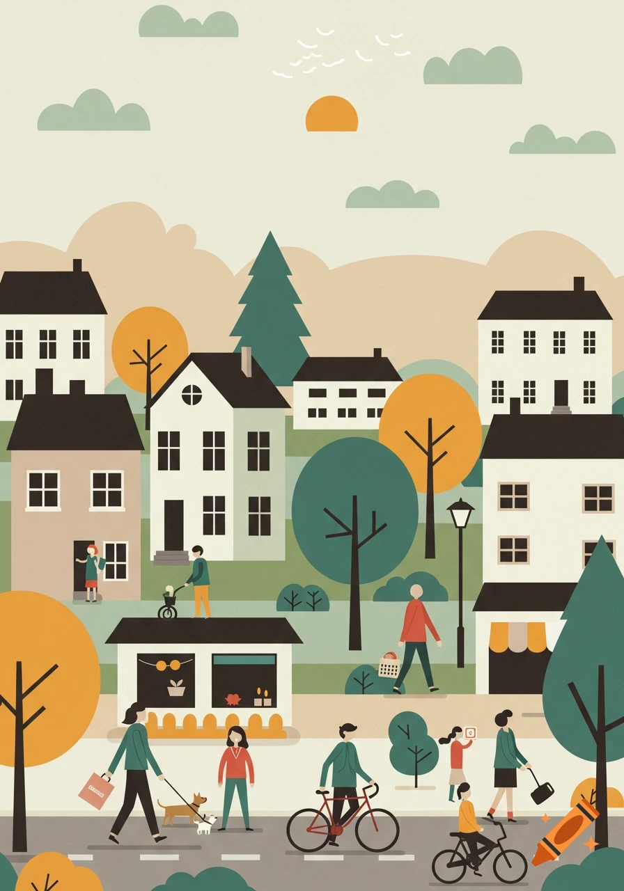Minimalist flat design illustration of a vibrant town scene with people walking, cycling, and shopping amidst houses and trees under a sunny sky.