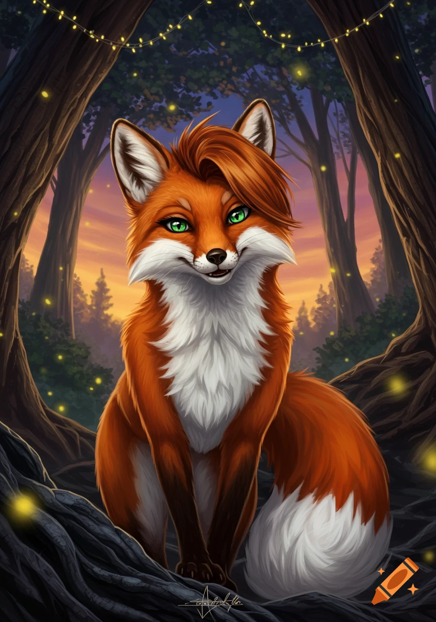 A stylized anthropomorphic red fox with green eyes and red hair sits smiling in an enchanted forest with glowing lights.