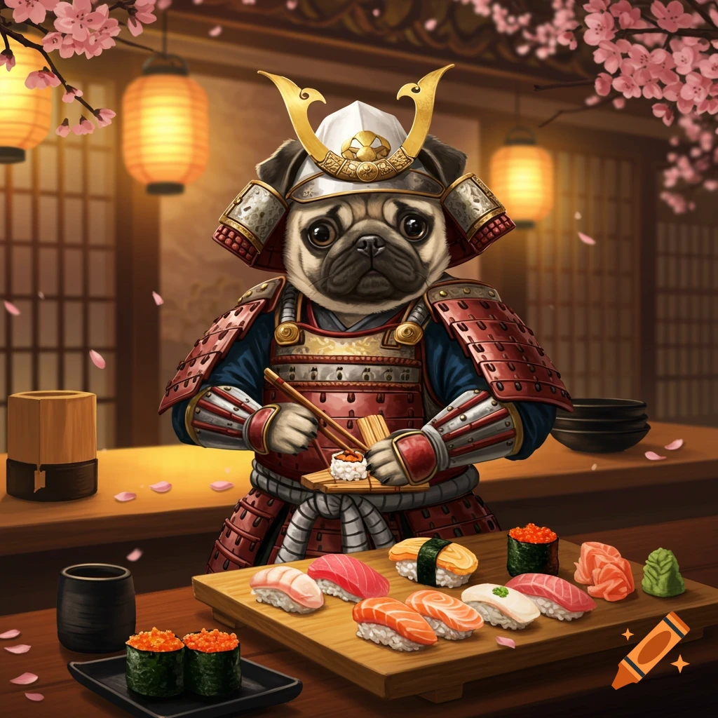 A pug in a samurai suit meticulously prepares sushi on a wooden counter, surrounded by cherry blossoms and lanterns.