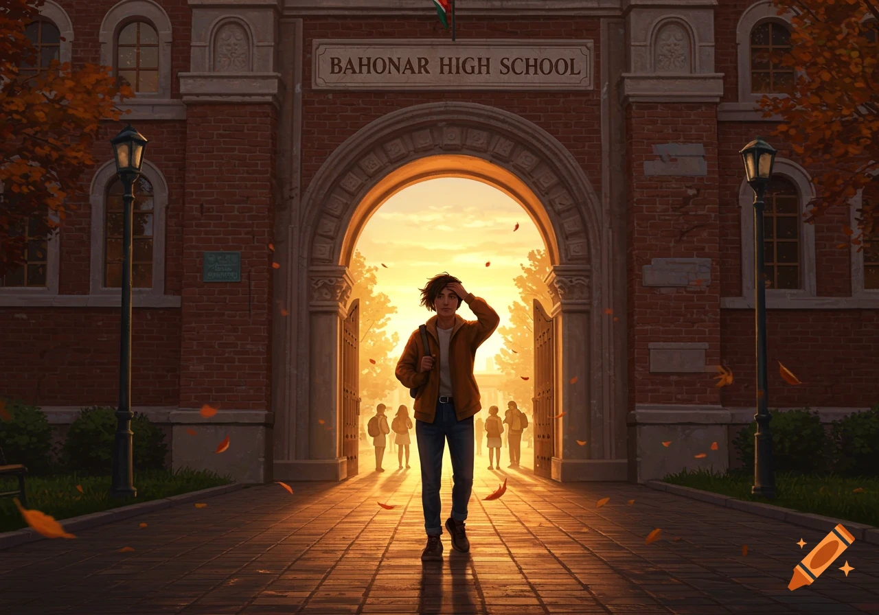 A student stands in front of Bahonar High School at sunset, surrounded by falling autumn leaves.