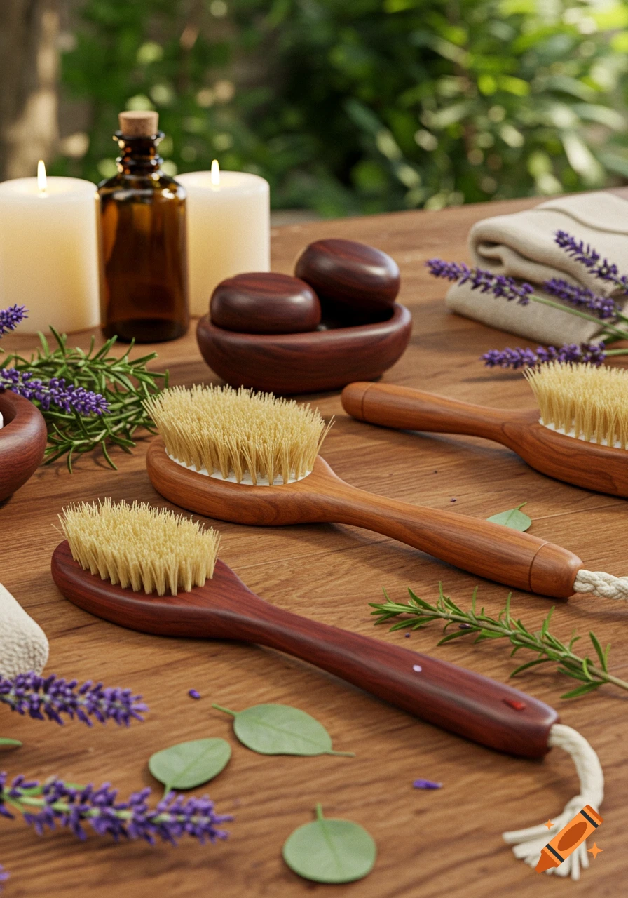 Photorealistic still life of maderotherapy tools, wooden body brushes, massage stones, candles, and lavender on a wooden table.