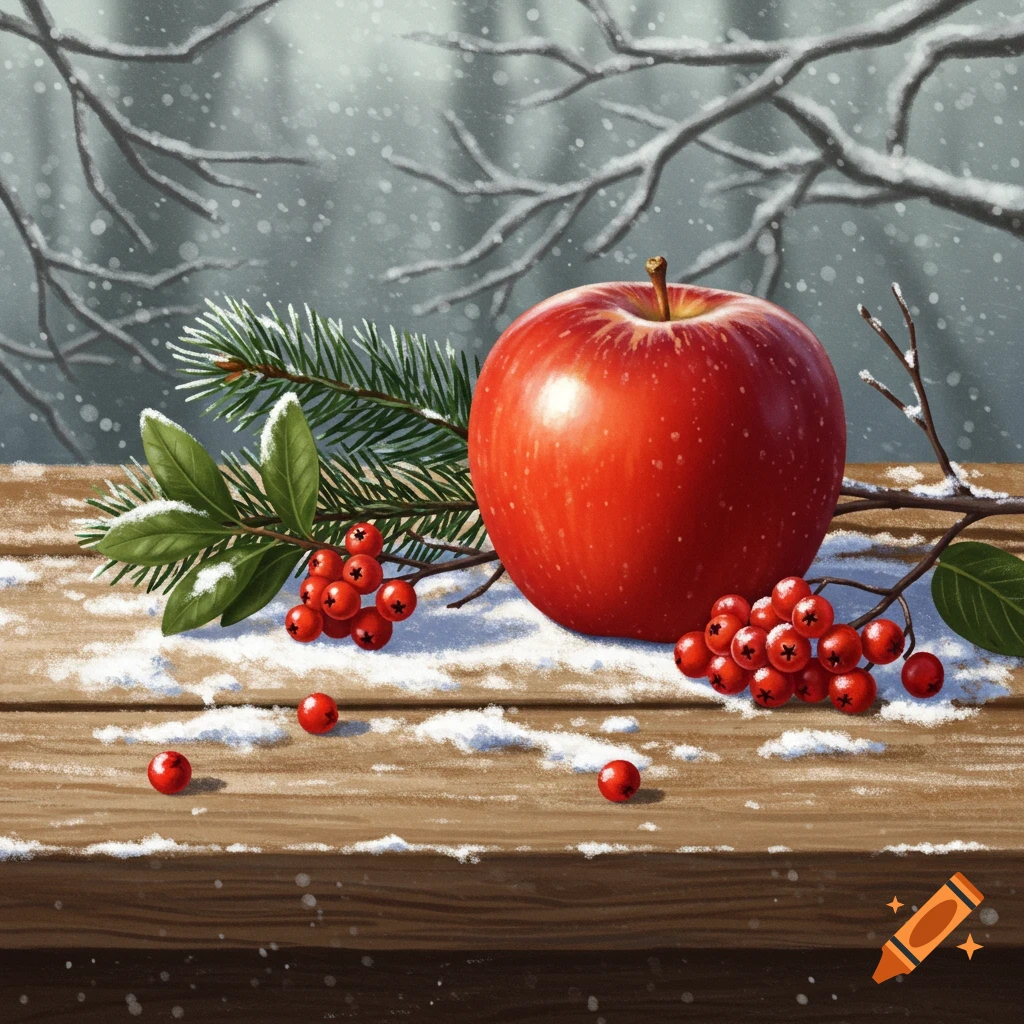 A vibrant red apple, pine sprigs, and red berries on a snow-dusted wooden surface with a soft winter background.