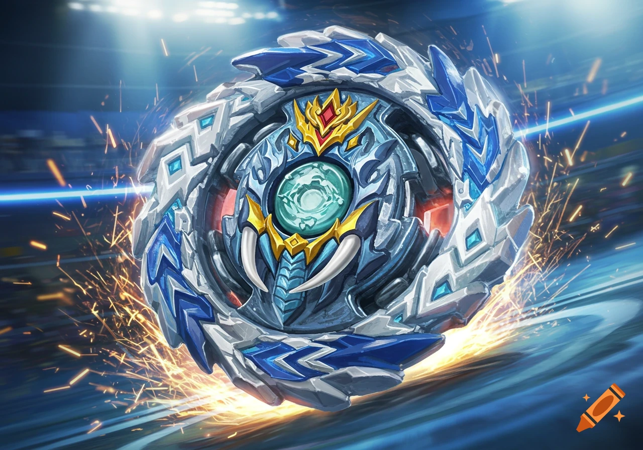 A dynamic illustration of a blue, white, and gold Beyblade with an elephant motif spinning rapidly, generating sparks on a blue surface.