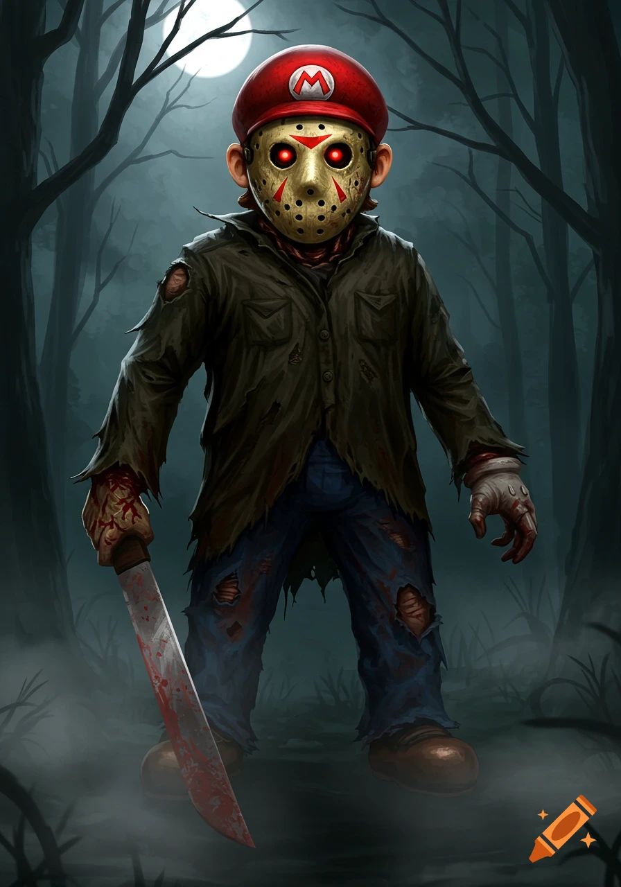 Digital illustration of Mario dressed as Jason Voorhees, holding a bloody machete in a dark, misty forest under a full moon.