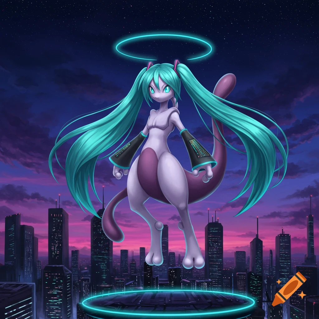 Mewtwo with long teal pigtails like Hatsune Miku, a glowing halo, hovers over a futuristic city at night.