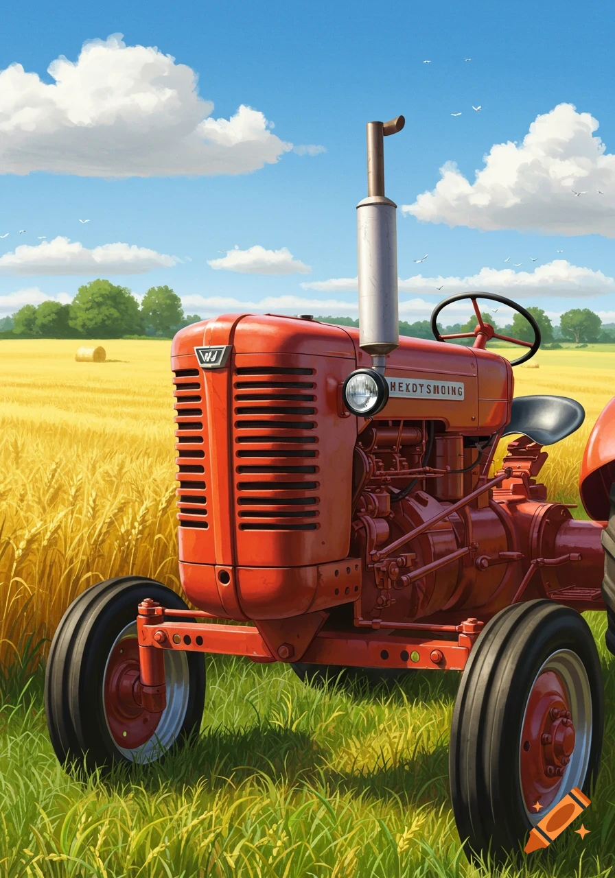 A vibrant red vintage tractor sits in a golden wheat field under a blue sky with white clouds.