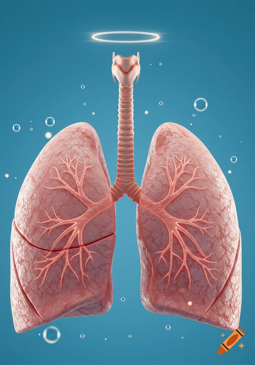 3D render of human lungs and trachea with a glowing halo and bubbles on a blue background.