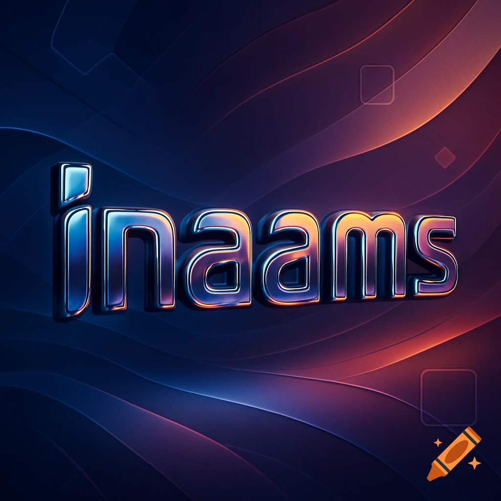 3D metallic logo for 'Inaams' in blue and orange, on a dark futuristic background with glowing wavy lines.