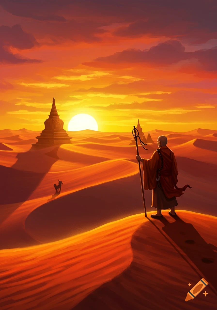 A monk with a staff stands on a desert dune, looking towards a setting sun behind pagodas in an illustrative style.