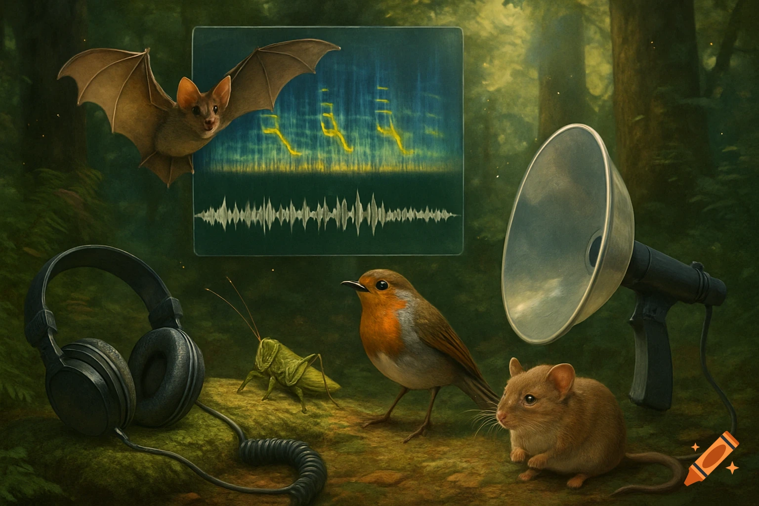 A bat, grasshopper, robin, and mouse in a forest with acoustic study equipment like headphones, a sound dish, and a screen showing a spectrogram.