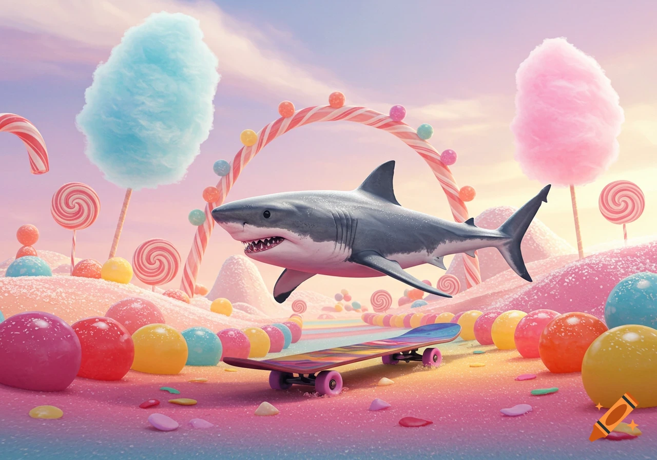 A whimsical great white shark floats above a skateboard on a rainbow road in a colorful candy land.