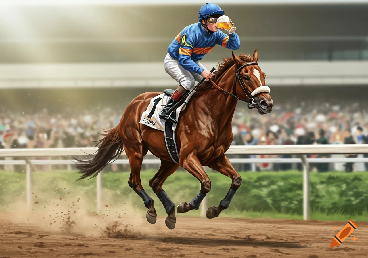 A jockey on a racing horse drinks a beer at a racetrack with spectators in the background, in an illustrative style.