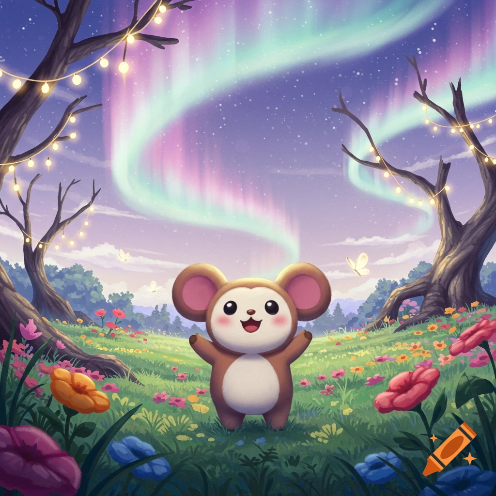 A cute, smiling brown and white mouse-like creature stands in a vibrant meadow of colorful flowers under a starry sky with a bright aurora.