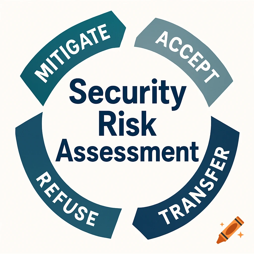 Illustration of a circular security risk assessment diagram with "Security Risk Assessment" in the center. Four arrows point to "MITIGATE", "ACCEPT", "TRANSFER", and "REFUSE".