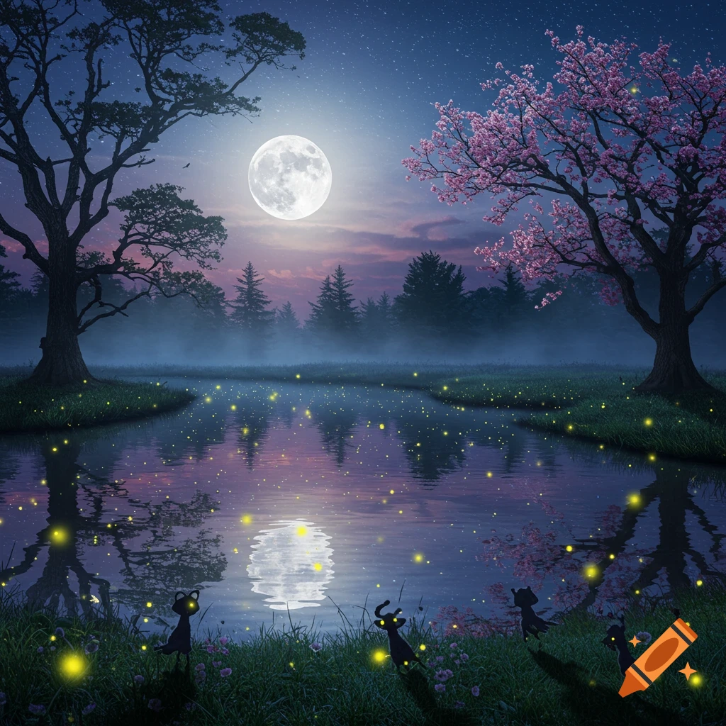 A magical night scene with a bright full moon reflecting in a pond, surrounded by lush trees and glowing fireflies, with silhouetted creatures by the water.
