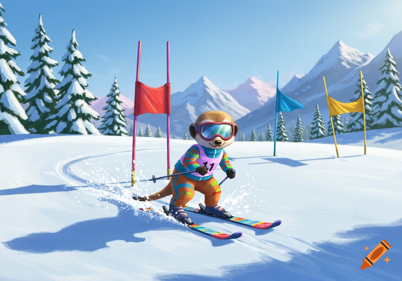 A cartoon meerkat in goggles and a colorful outfit skis a slalom course on a snowy mountain, with race flags and pine trees.