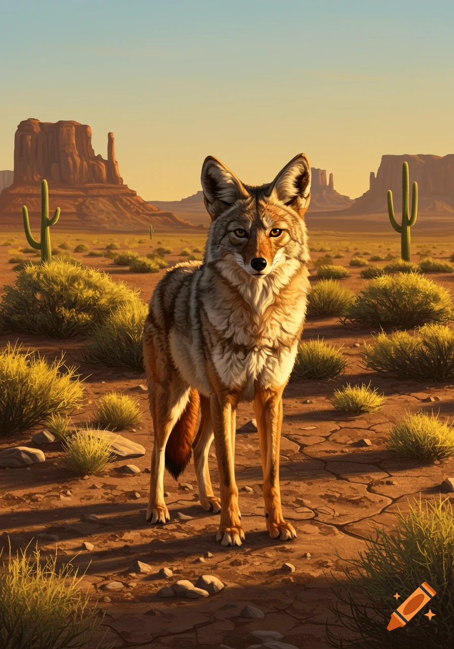A coyote stands front-facing in a desert landscape with buttes, mesas, and saguaro cacti under a clear sky.