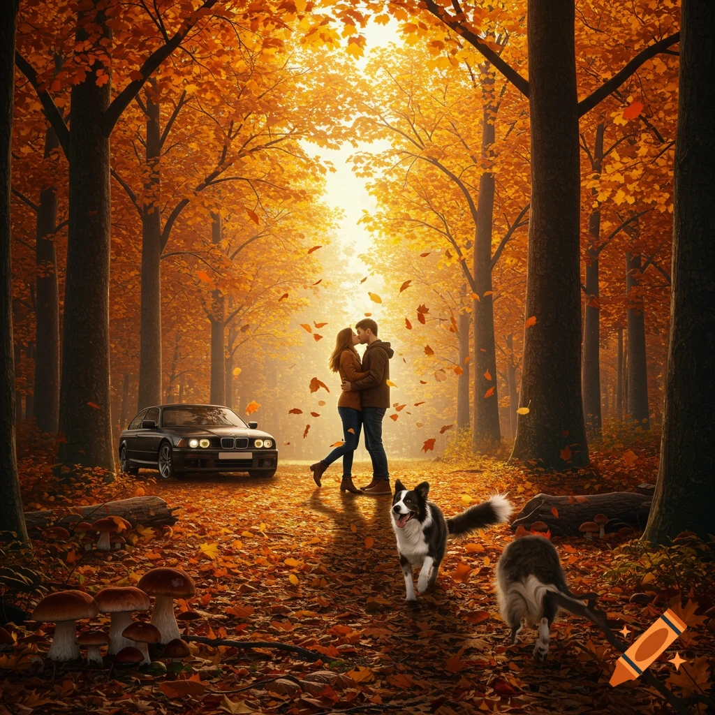A couple kisses in a vibrant autumn forest, surrounded by orange leaves, with two dogs and a dark car nearby.