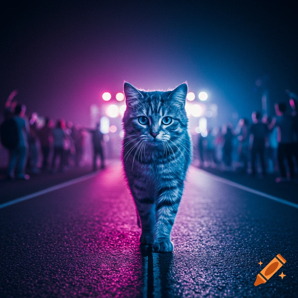 A tabby cat walks down a wet road glowing with pink and blue neon lights, with a blurred concert crowd in the background.