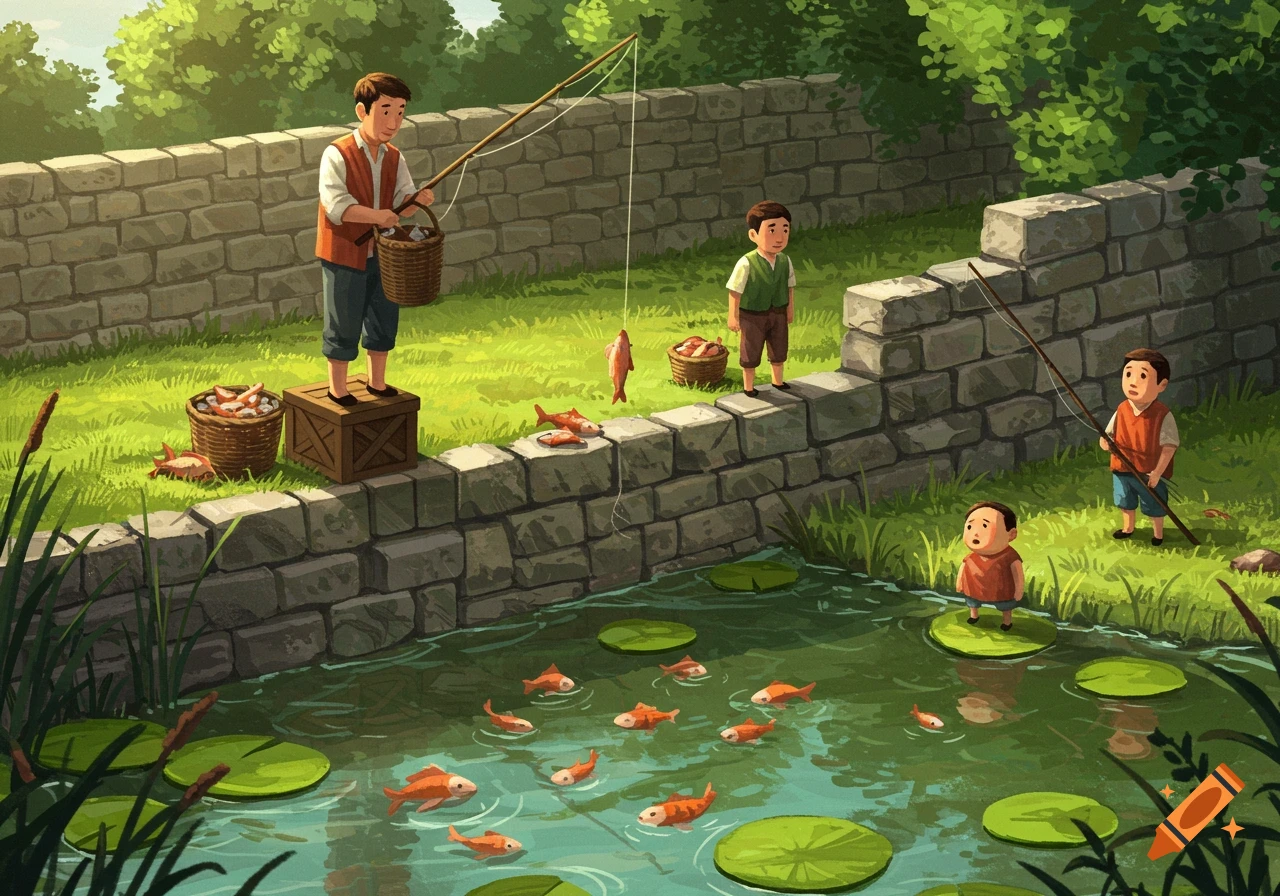 An illustration of three boys fishing by a stone wall, demonstrating varying access to fish in a pond.
