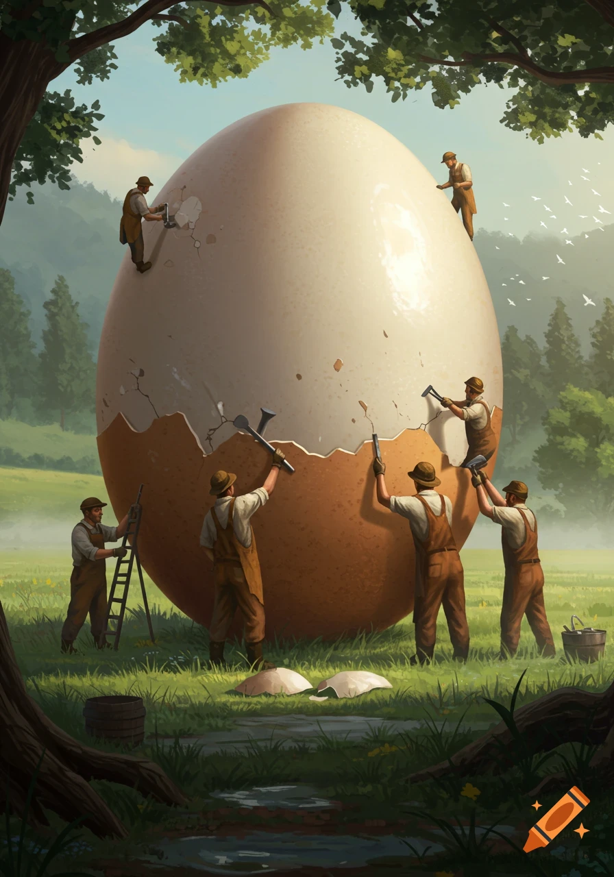 Men in overalls chip open a giant egg in a green field with trees and flying birds, in a painterly style.
