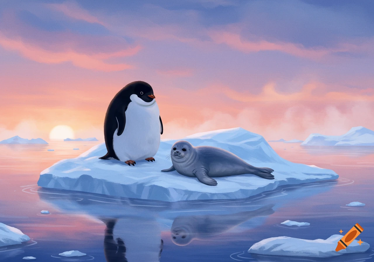 A penguin stands on a beach at sunset, with waves gently rolling and  seashells scattered in the foreground. Digital art. on Craiyon, image size:1280x896