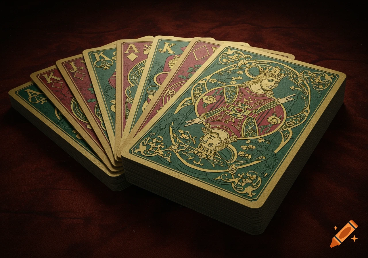 Ornate gold and teal playing cards, fanned out on a dark red surface, with king, ace, and jack cards visible.