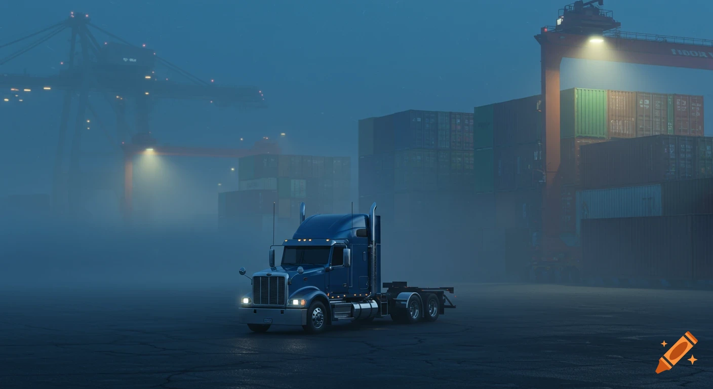 A blue semi-truck sits in a foggy shipyard at night, with stacked shipping containers and large cranes visible in the background. Photorealistic.