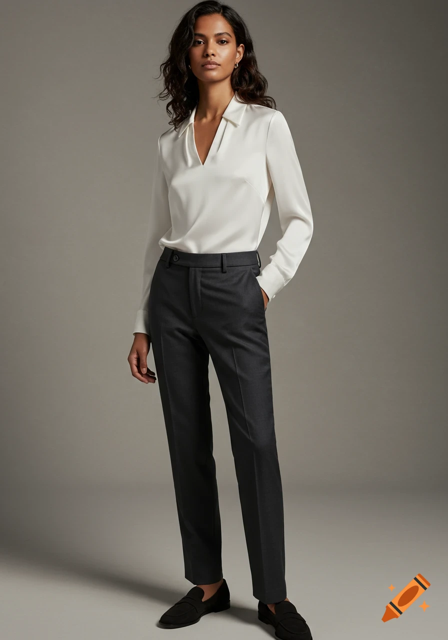 A stylish woman in a white silk blouse, dark tailored trousers, and black loafers stands against a plain gray background in a photorealistic style.