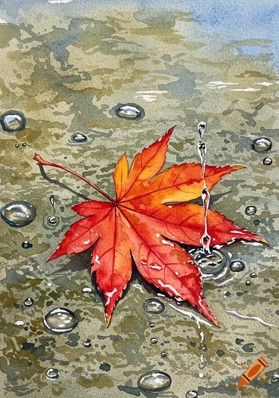 Watercolor painting of a vibrant red maple leaf floating on a wet, textured surface with falling water droplets and ripples.