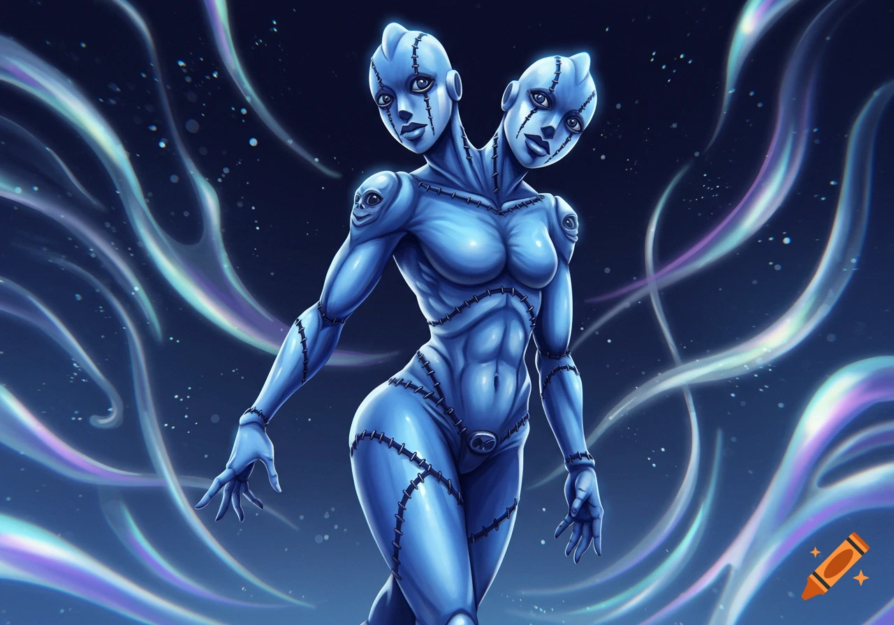 A slender blue, two-headed humanoid figure with stitched seams and symbols on its body stands against a dark, starry, ethereal background.