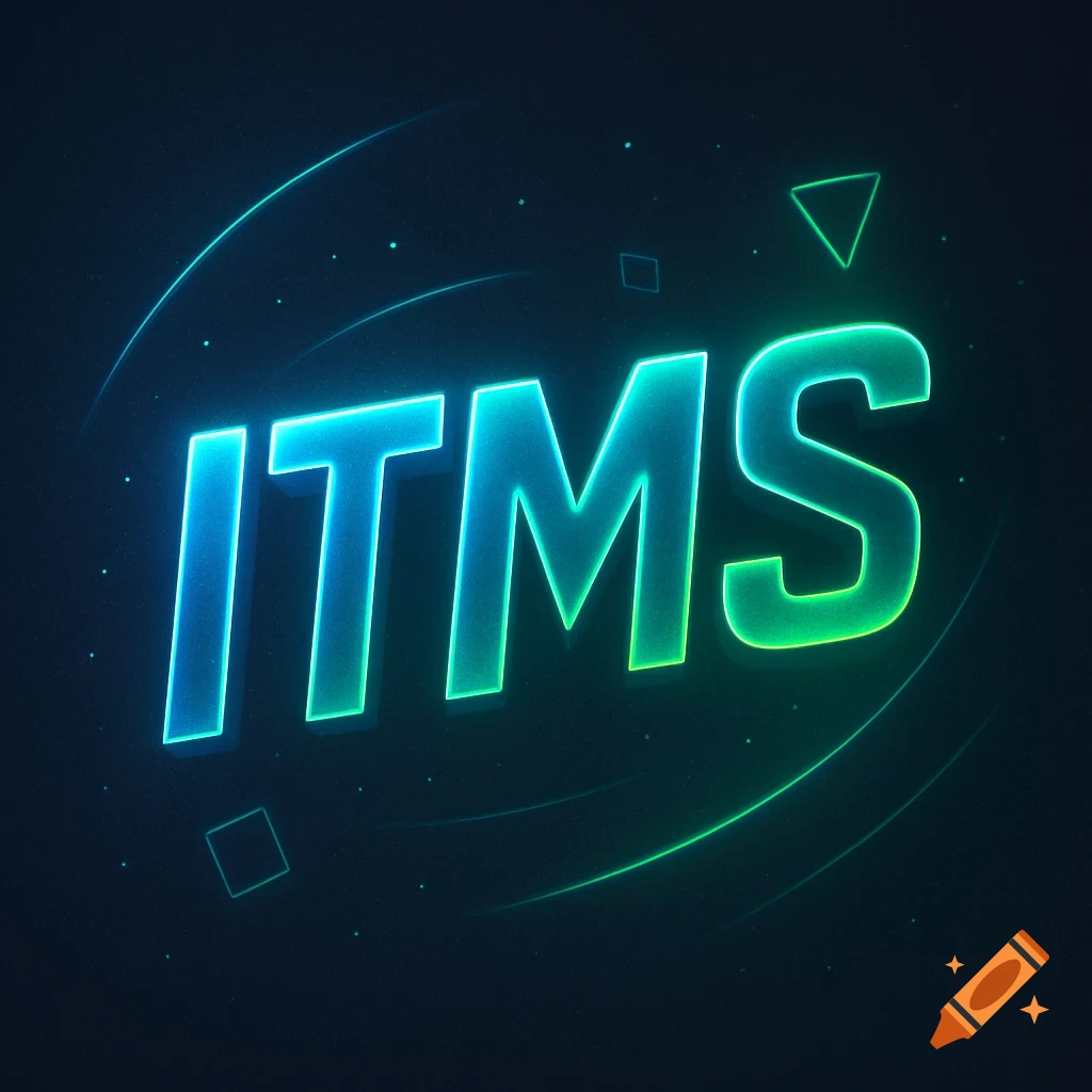 Neon blue and green glowing letters 'ITMS' on a dark background with subtle lines and shapes, gaming theme.