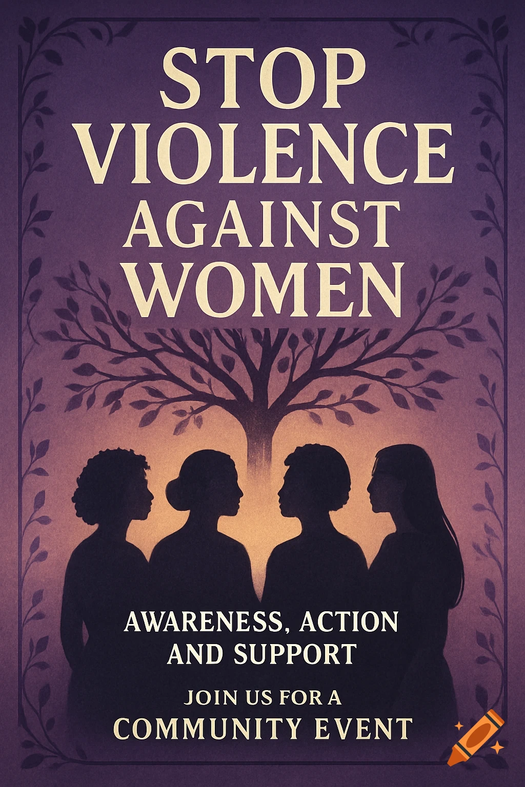 A purple poster, framed with vines, reads "STOP VIOLENCE AGAINST WOMEN" above silhouettes of four women and a tree.