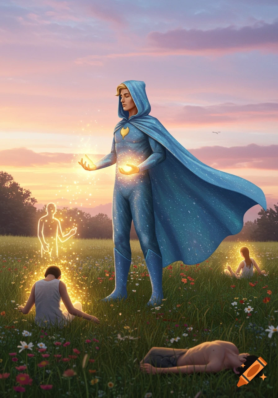 A superhero in a blue starry suit with glowing hands stands in a meadow at sunset, radiating light towards people.