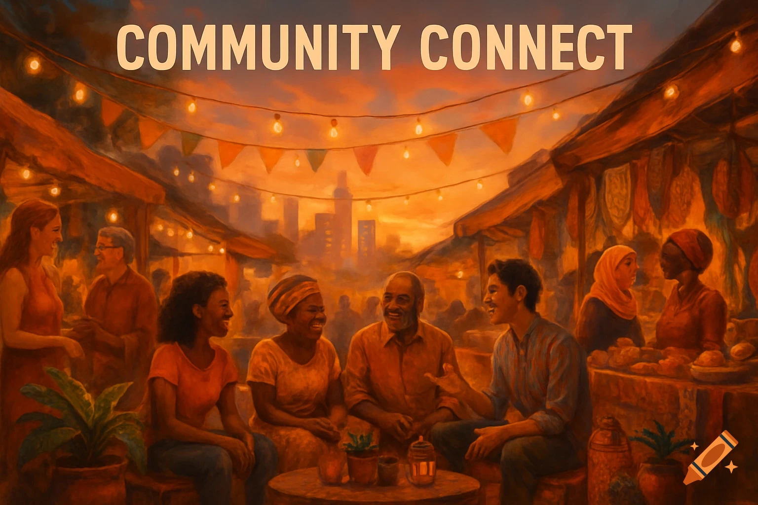 Diverse people gather in a vibrant, painterly market square at sunset with string lights and city background. Text: COMMUNITY CONNECT.
