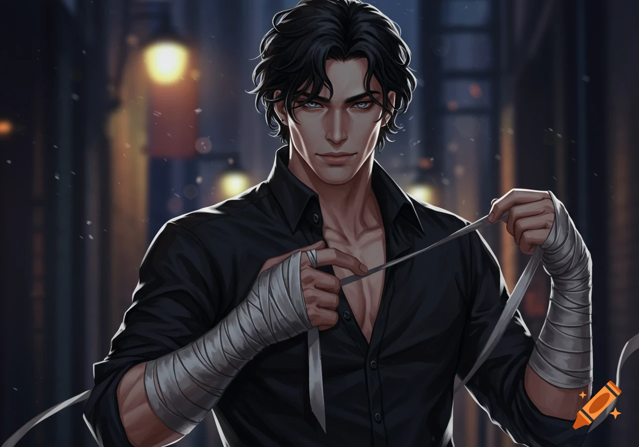 An illustrated man with black hair and blue eyes smirking, wearing an unbuttoned black shirt, wrapping bandages around his forearms in a dark alley.