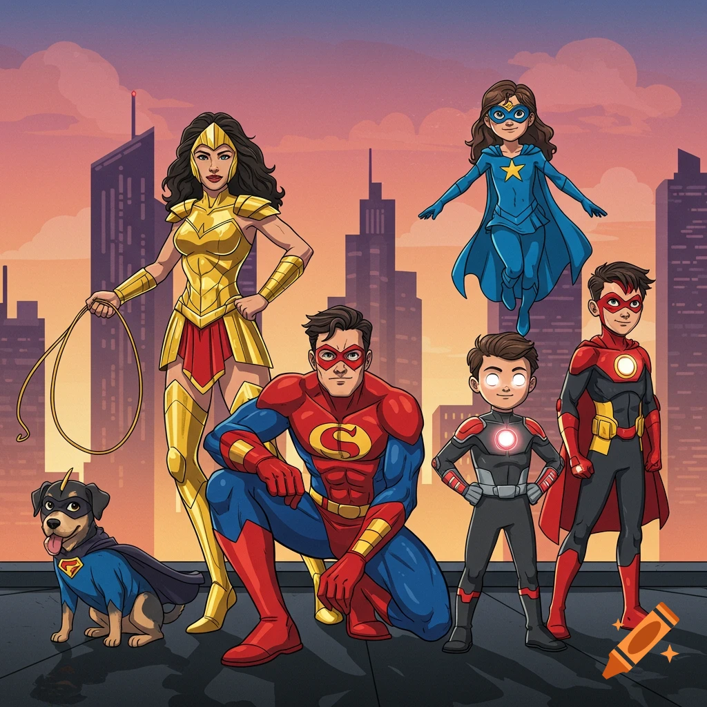 A colorful digital cartoon of a superhero family, including a woman, man, two children, and a dog, posing heroically in a city.