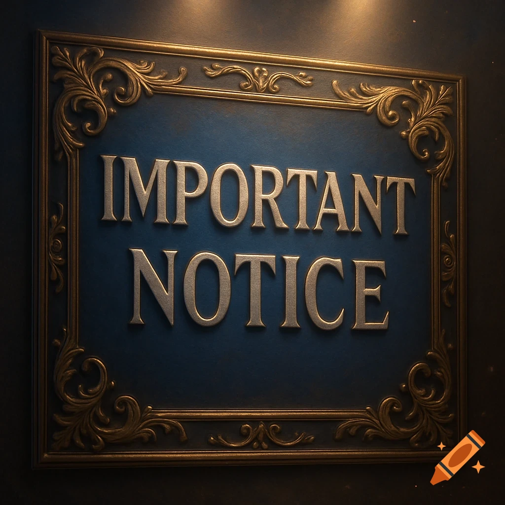 A dark blue sign with the words IMPORTANT NOTICE in gold, framed by ornate gold scrollwork, dramatically lit.