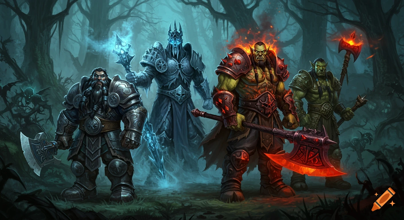 Four fantasy characters, a dwarf, a lich king, and two orcs, stand with weapons in a dark, misty forest.