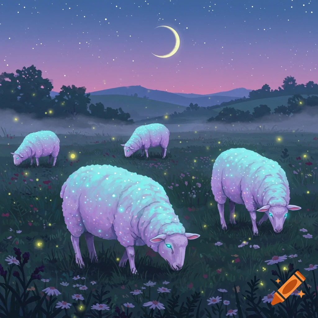 Four glowing, magical sheep graze in a whimsical field under a starry night sky with a crescent moon and fireflies. Illustrative style.