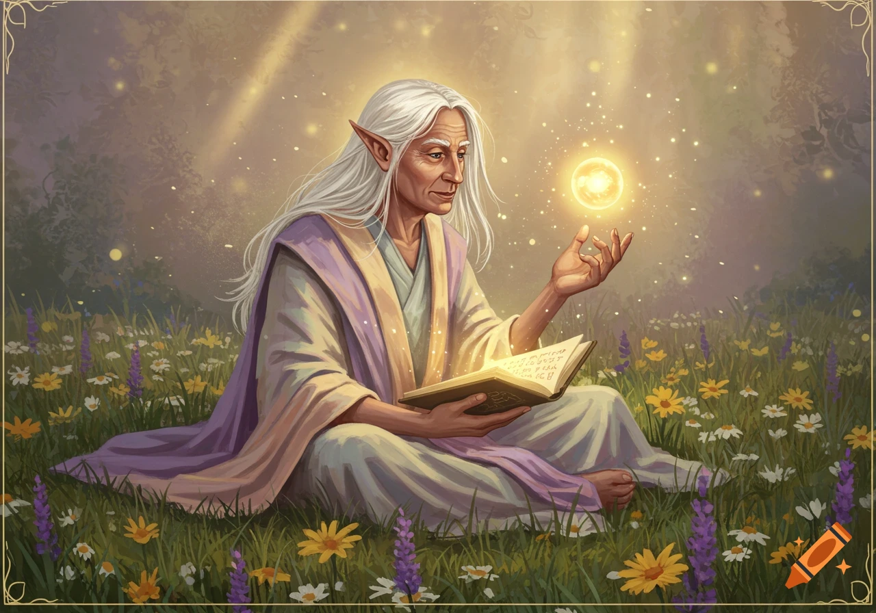 An old elf with long white hair sits cross-legged in a field of wildflowers, holding an open book and gazing at a glowing orb of light above his hand.