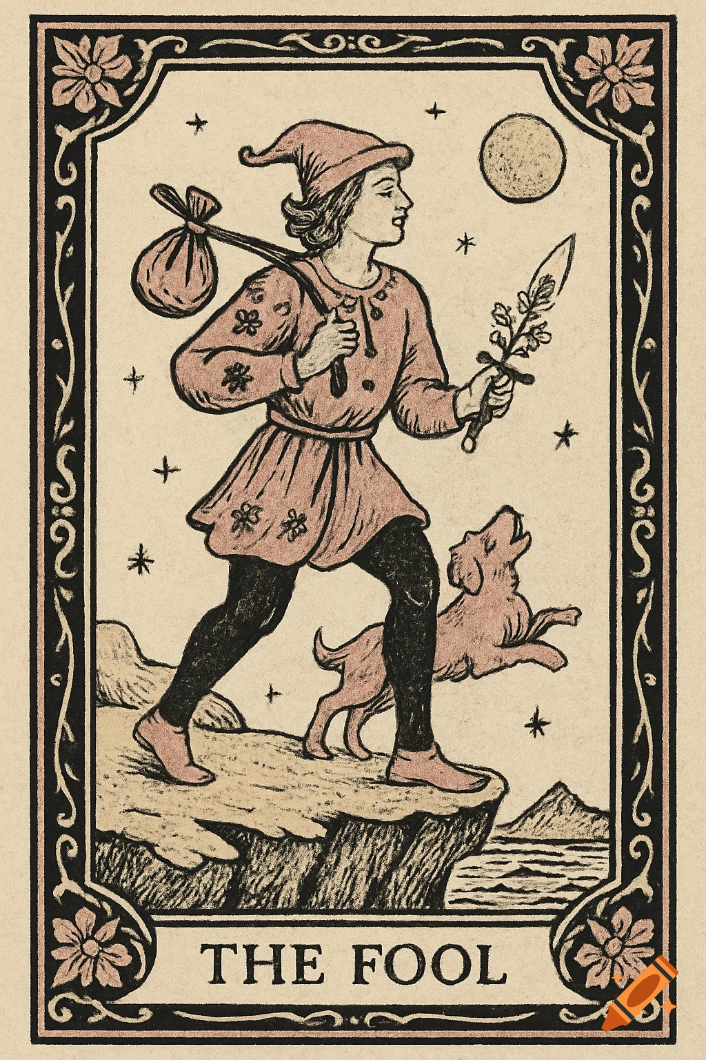 Vintage illustration of The Fool tarot card, featuring a young man with a bindle and dog on a cliff edge, with the text "THE FOOL" below.