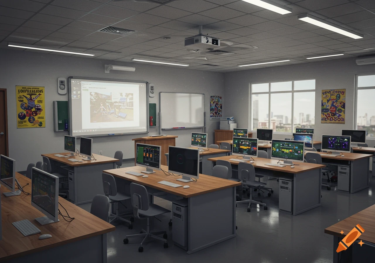 A photorealistic empty computer classroom with rows of desks, chairs, computers, a whiteboard, and a projector screen displaying an image.