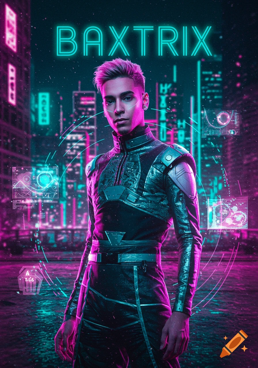 A young man in a futuristic armored suit with pink hair stands in a neon-lit cyberpunk city with holographic displays.