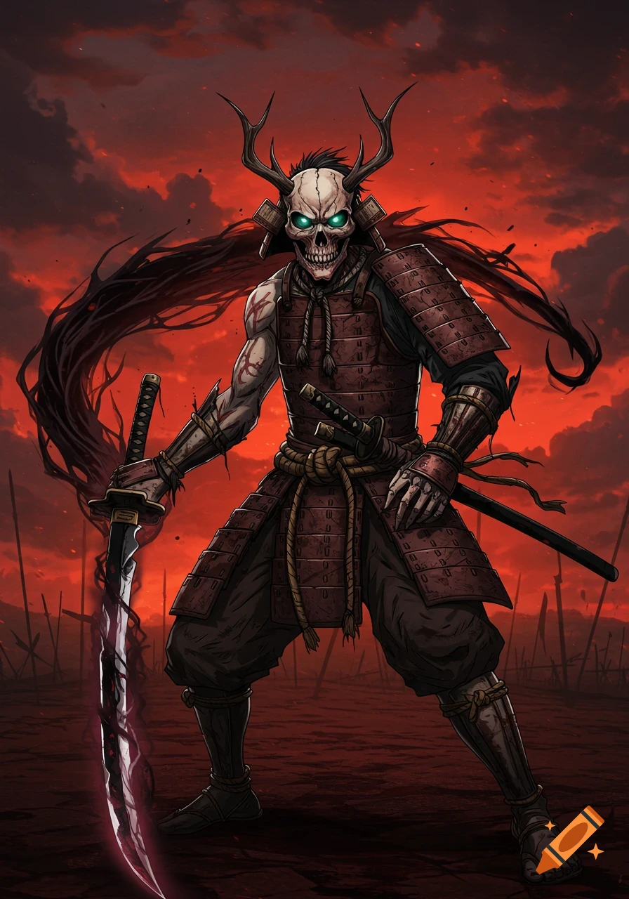 A hyper-detailed anime illustration of a skeletal samurai with glowing eyes and horns, holding a black energy sword on a dark, red battlefield.