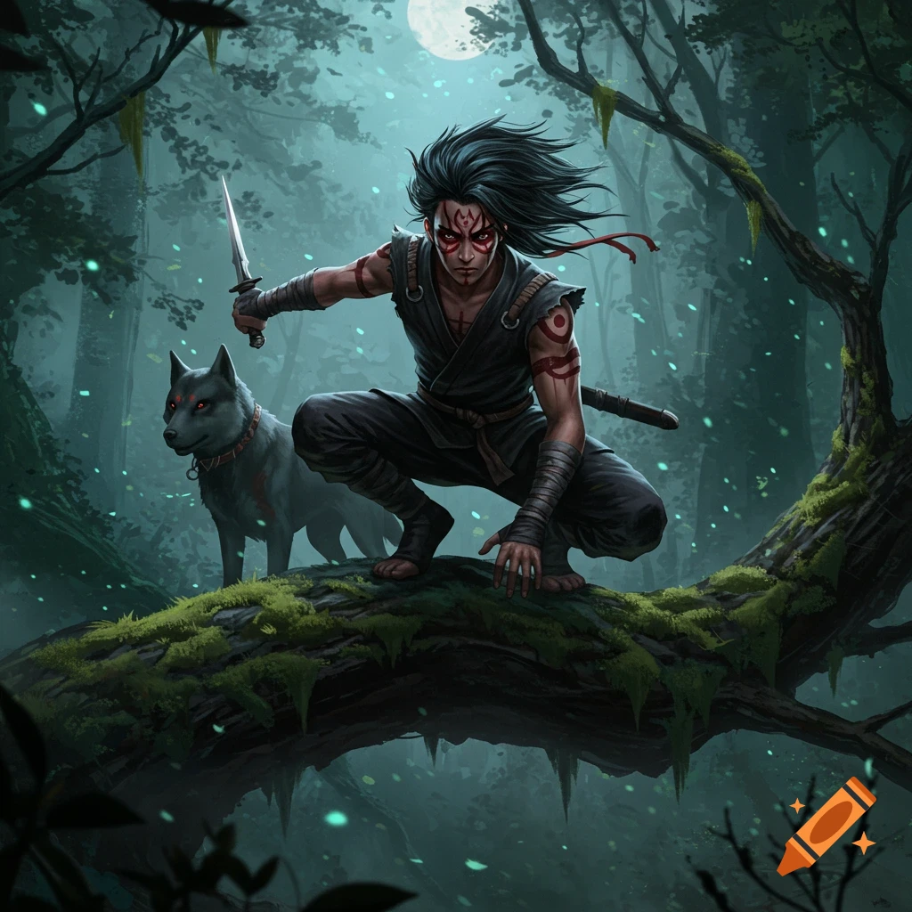 A fantasy warrior with red markings and a dagger crouches on a mossy branch beside a wolf in a mystical, moonlit forest.